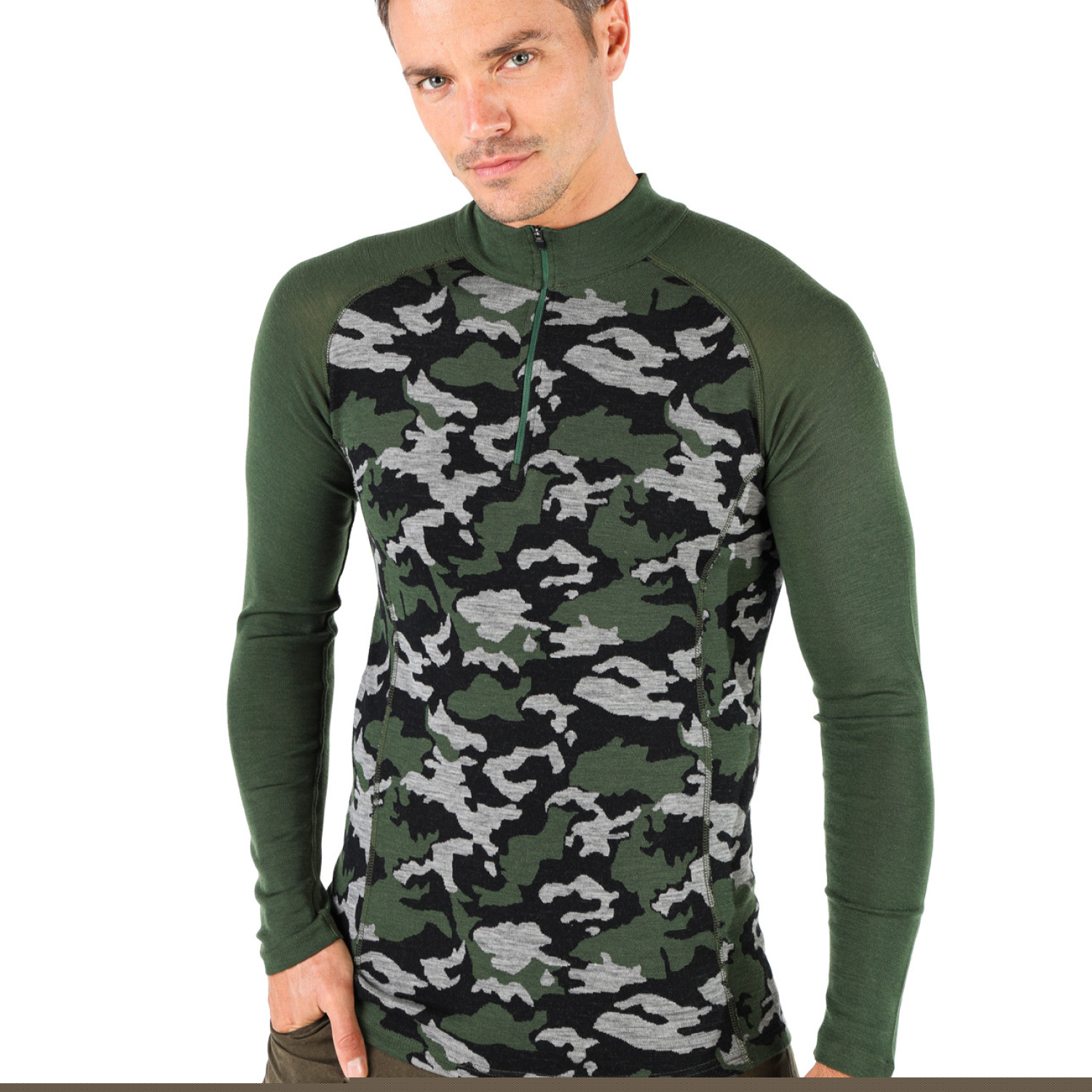 Men's Merino Asker Zip Long Sleeve Tee Shirts Top Base Layer Green