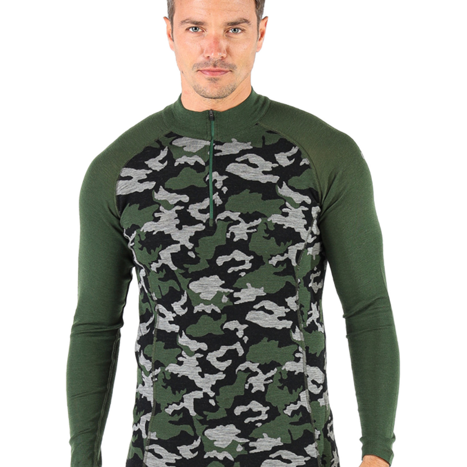Men's Merino Asker Zip Long Sleeve Tee Shirts Top Base Layer Green